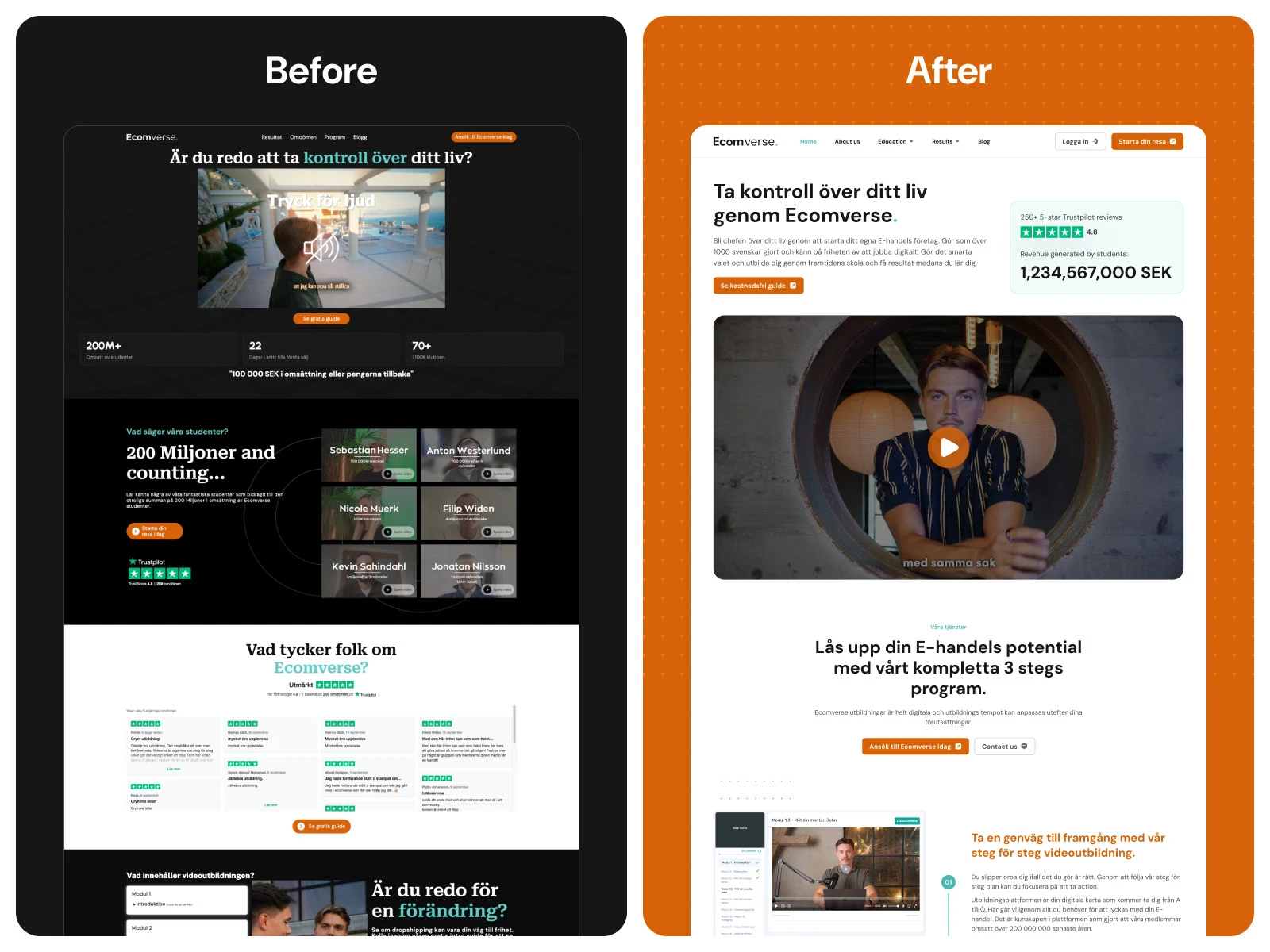 Ecomverse before and after homepage comparison showing the new information hierarchy