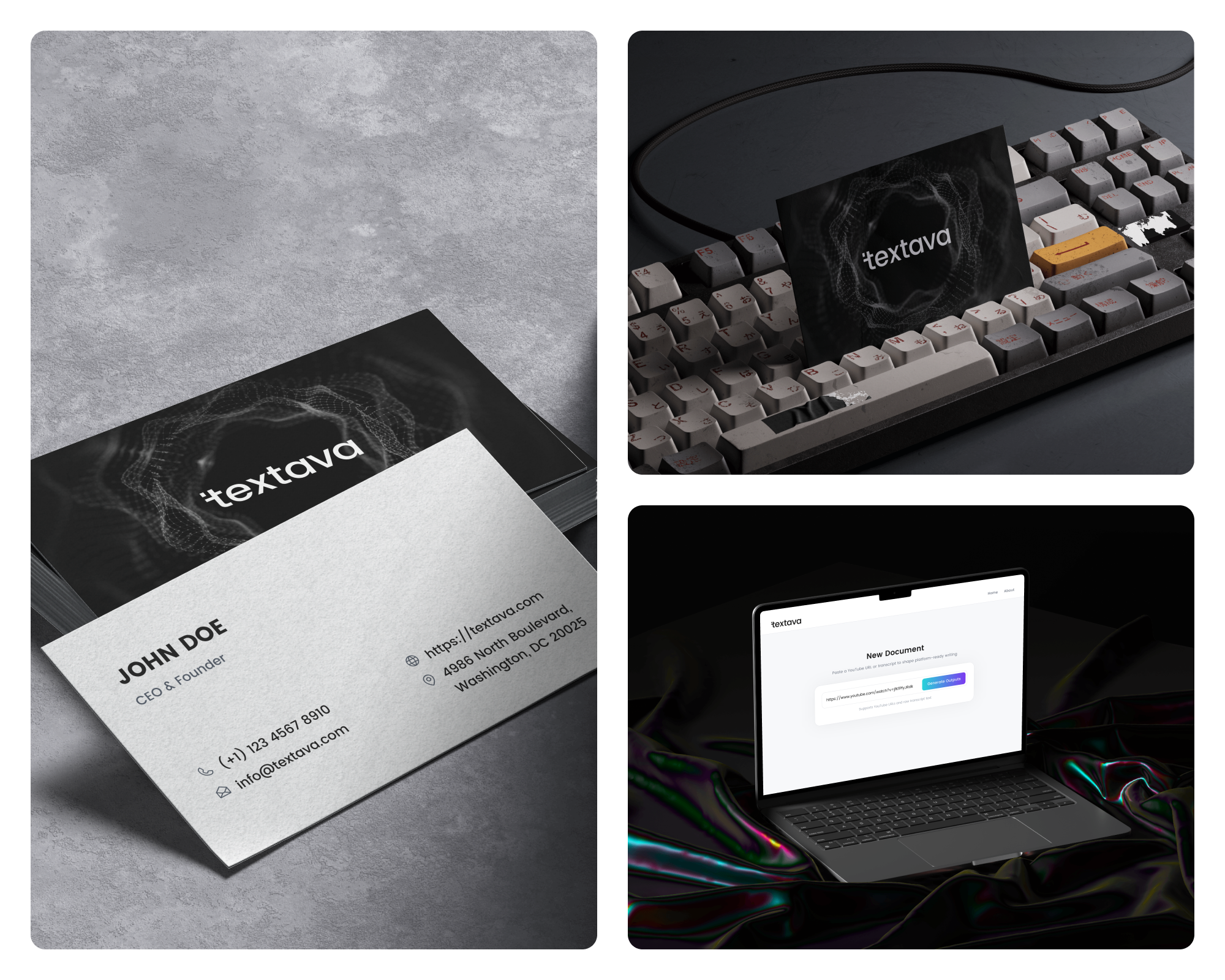 Textava identity applied across print, workplace and product touchpoints